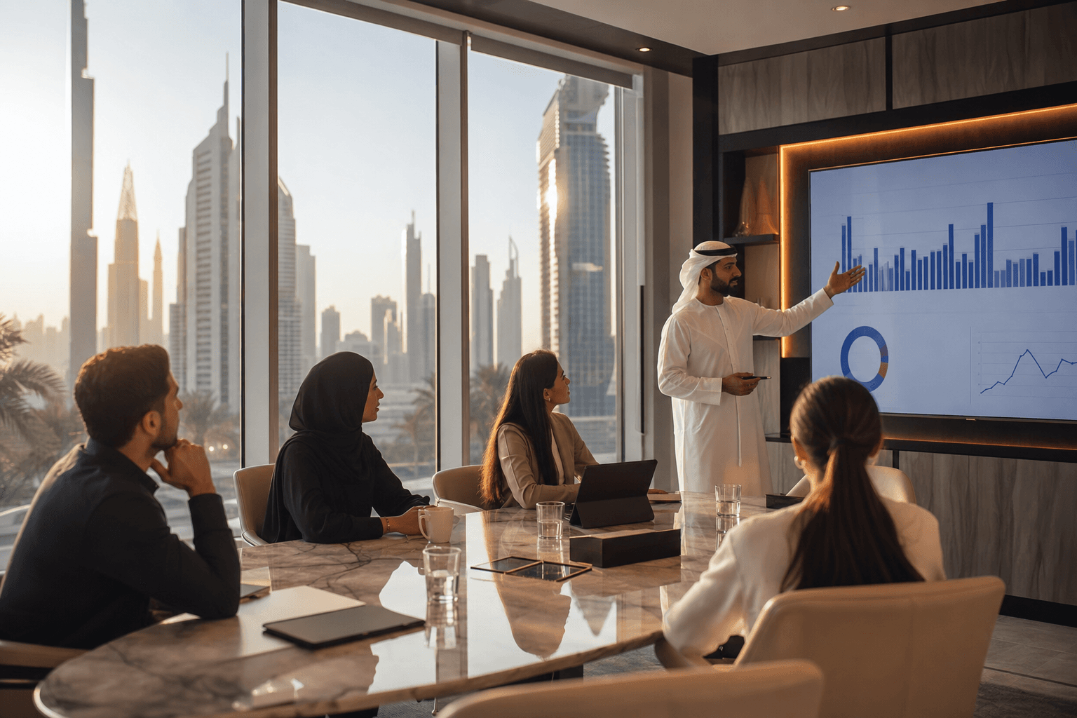 Digital agency team collaborating with Gulf market clients in a Dubai-style office
