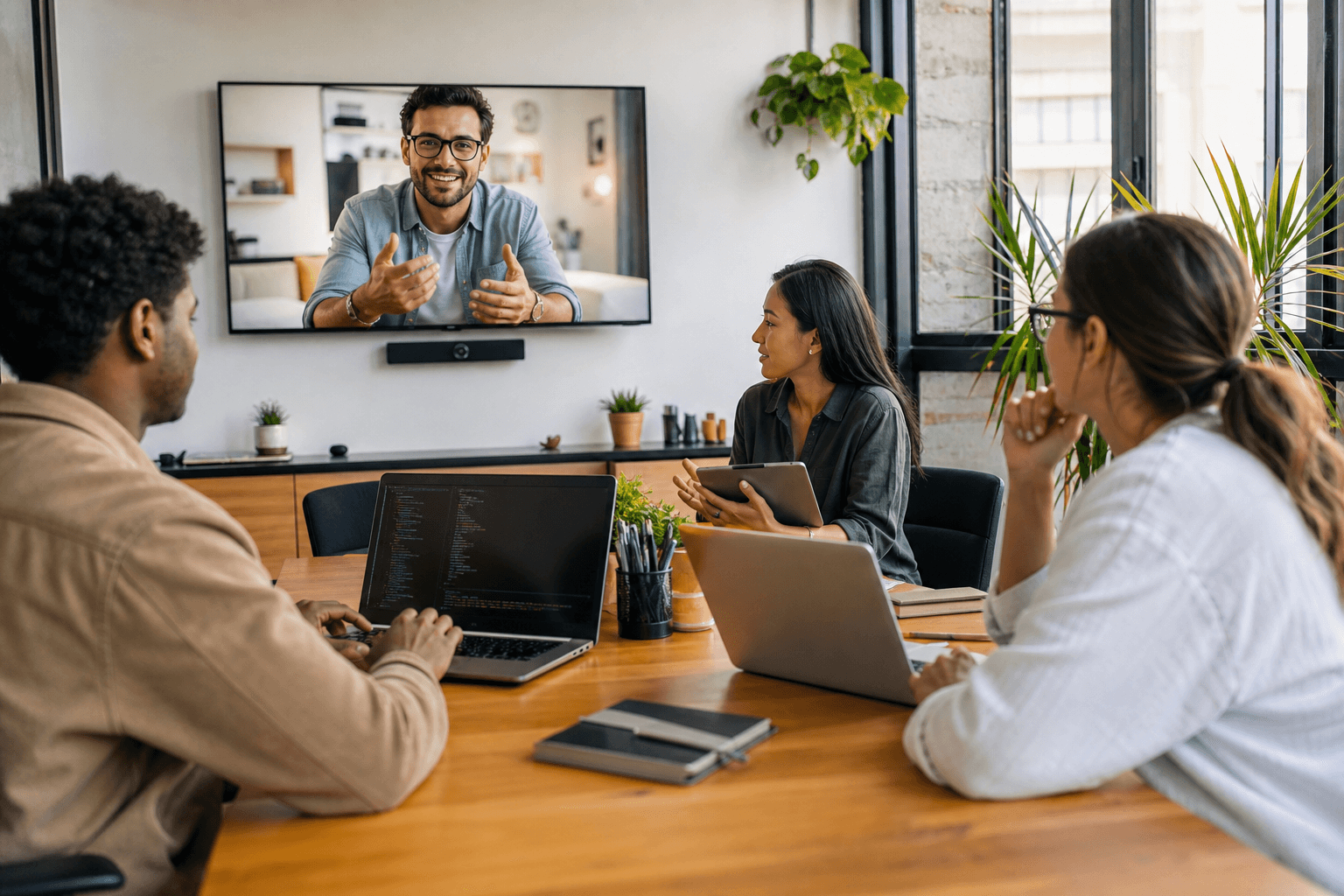 Dedicated remote team members collaborating in a modern workspace
